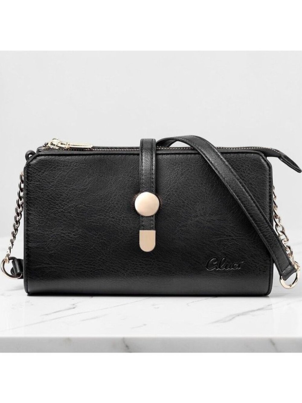 Cluci Faux Leather Black Crossbody Bag Multi Pocket Adjustable Strap Organizer